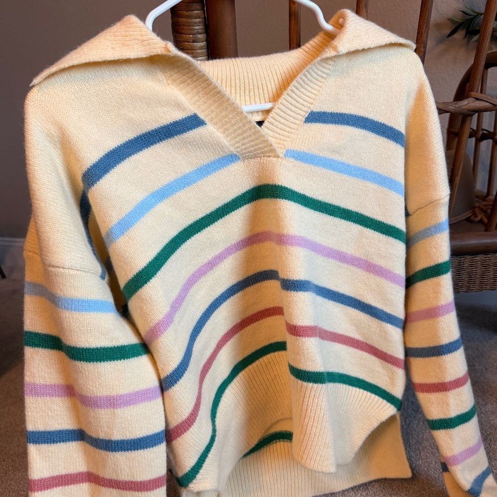Debut Women's Sweater Size S/M Yellow with Multi Colored Stripes V Neck Collar